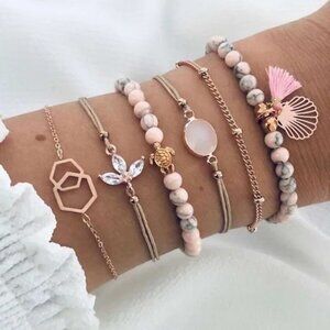 Bohemian Pink Bead Rhinestone Gold tone Bracelet Set